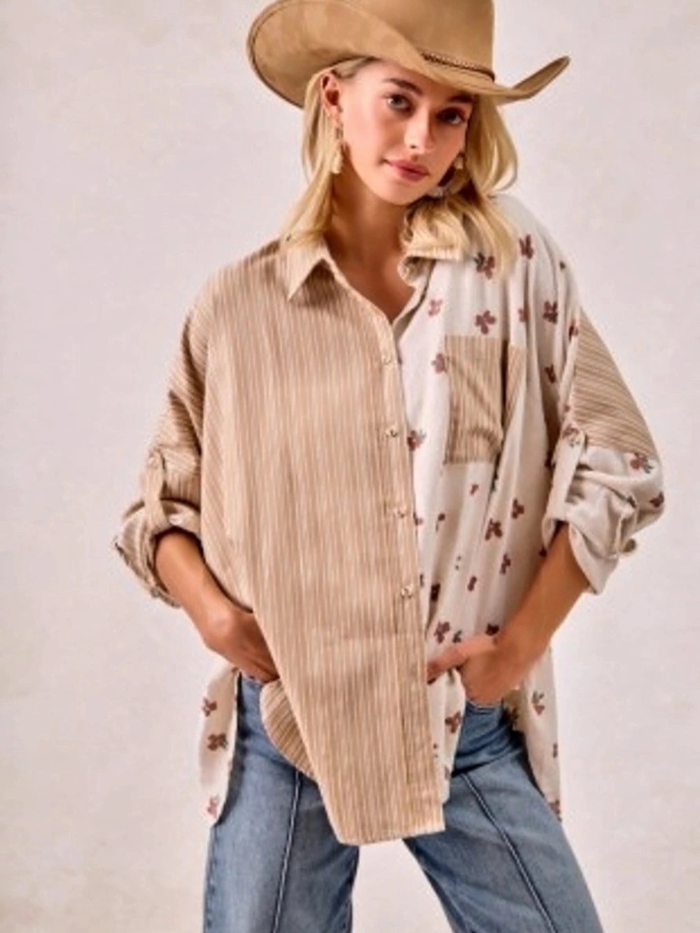 NWT BiBi Floral + Stripe Oversized Button Up Top – Size Small